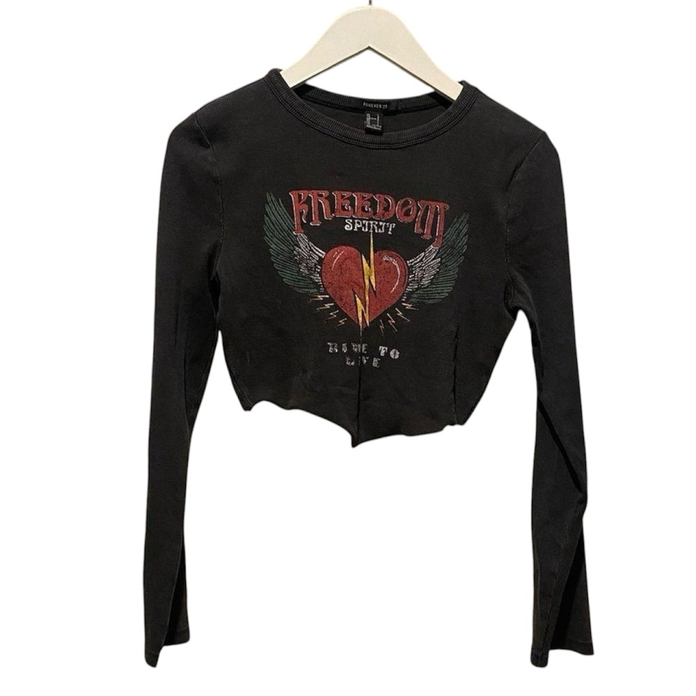 Forever 21‎ long sleeve Biker grunge ride to live freedom cropped ribbed Large